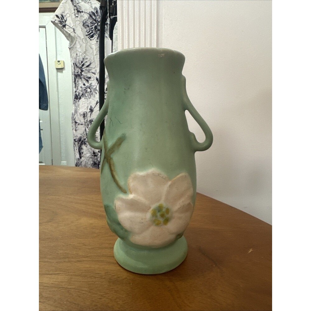 Vtg. Weller WIld Rose / Dogwood Aqua Green Double handle Vase 6.5" Tall